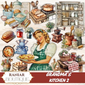 Diário de lixo da cozinha da vovó, clipart de cozinha, diário de lixo de receitas de cozinha retrô, pacote de itens de cozinha de casa de campo, clipart de nostalgia