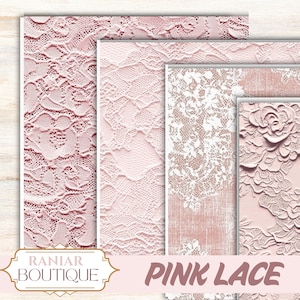 Puede incluir: Una colección de diseños de encaje rosa en varios tamaños y patrones. Los diseños incluyen texturas de encaje floral y geométrico. El texto "PINK LACE" se muestra en una fuente estilizada. También es visible la marca "RANIAR BOUTIQUE".