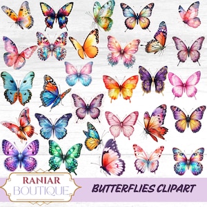 May include: A collection of watercolor butterfly clip art in various colors, including orange, blue, pink, and purple. The butterflies have detailed wing patterns and are arranged on a white background. The text "BUTTERFLIES CLIPART" is displayed.