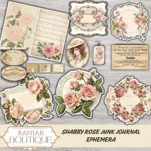 Shabby Chic Rose Ephemera, Vintage Floral Postal Card, Junk Journal Cutouts, Pink Rose Clipart, Digital Download