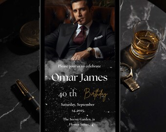 Op de afbeelding: Een uitnodiging voor de 40e verjaardag van Omar James op een smartphonescherm. De afbeelding toont een man in pak met een sigaar, met tekst eroverheen. De uitnodiging bevat de datum, locatie en RSVP-informatie.