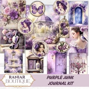 Junk Journal Kit Purple Roses, zachte paarse pagina's voor plakboek en junkjournaal, bloemendagboek, paarse vlinder, shabby chic dagboekpagina's 