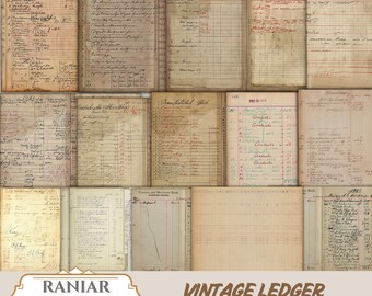 May include: A collection of 12 vintage ledger papers with handwritten entries and faded ink. The papers are in various shades of brown and cream, with some showing signs of wear and tear. These papers are perfect for scrapbooking, journaling, or adding a vintage touch to your crafts.