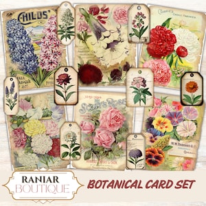 Botanical Card set ,flower cards, junk journal ephemera digitals, junk journal tags, card printable junk ,tags printable ephemera