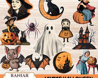 Vintage Halloween Clipart PNG: Retro läskig grafik (digital nedladdning)