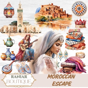 Clipart marocain aquarelle, carnet de voyage, carnet de bord aquarelle intérieur marocain, clipart été, clipart esthétique marocaine