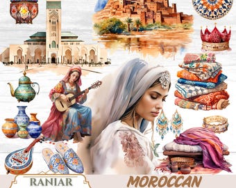 May include: Watercolor illustration with a Moroccan theme. Features a woman playing a guitar, a mosque, a castle, and various decorative items like lanterns, vases, and slippers. The text "MOROCCAN ESCAPE" is displayed.