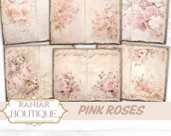 Shabby Chic Junk Journal Pages: Pink Roses, Vintage Floral (PDF Download 12x12 inches)