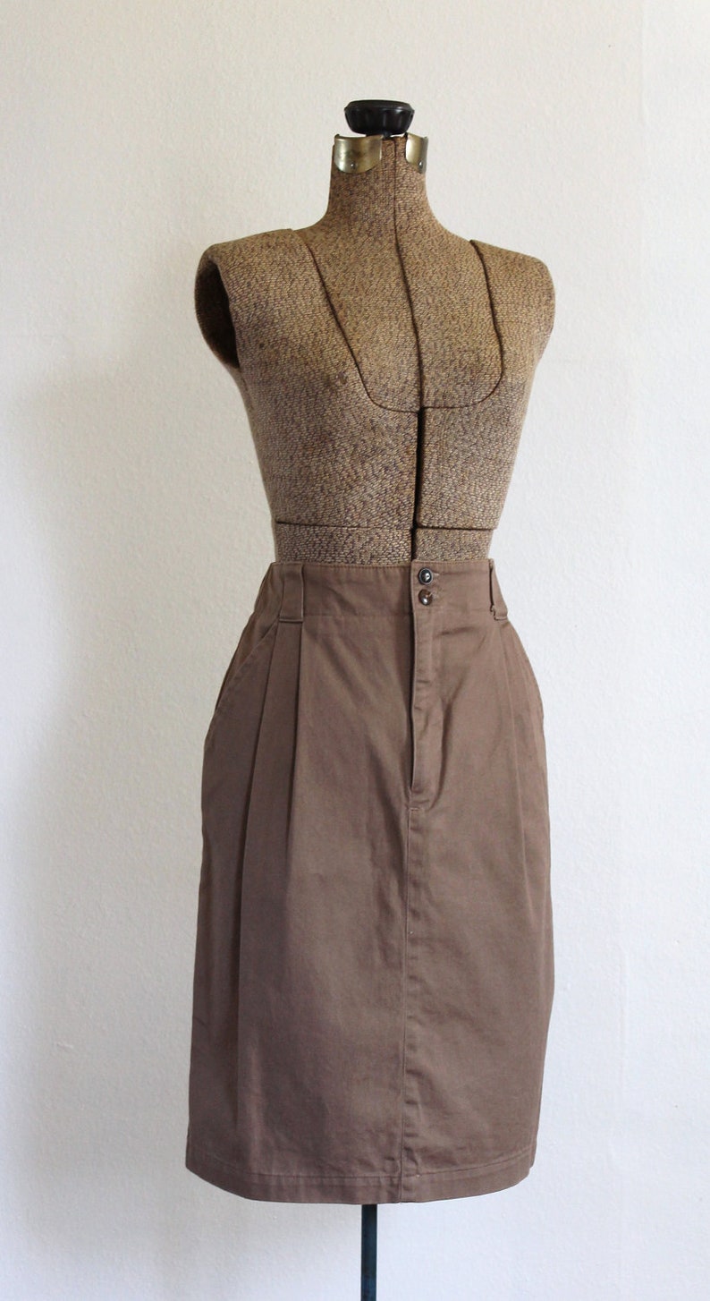 vintage pencil skirt 1980s light brown taupe cotton pencil skirt with pockets / soft fawn image 2