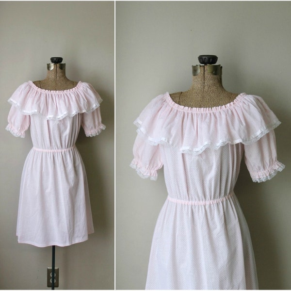 vintage 1970s dress 70s pink ruffle prairie style swiss dot mini dress / strawberry cream