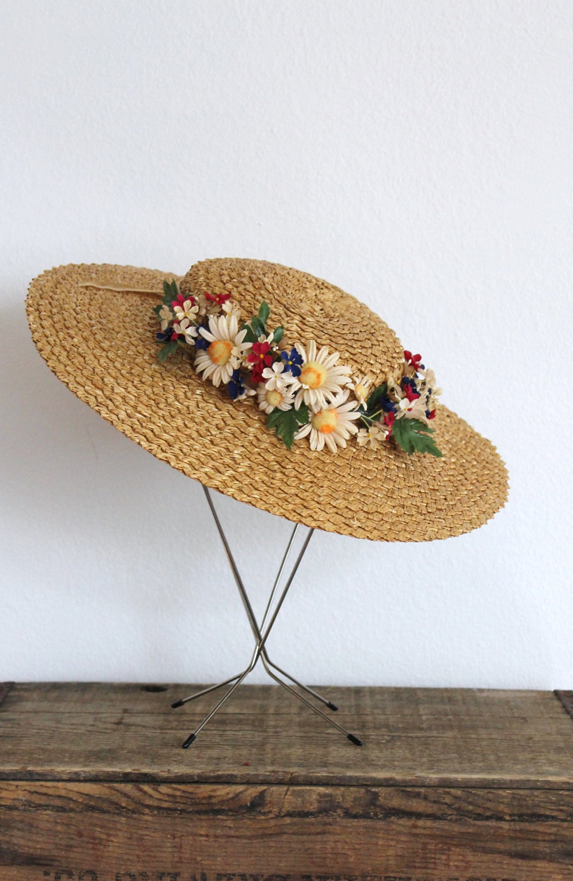 Vintage 1930s straw hat 30s wide brim straw floral boater hat Etsy