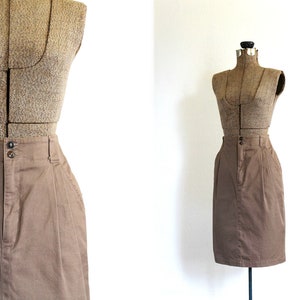 vintage pencil skirt 1980s light brown taupe cotton pencil skirt with pockets / soft fawn image 1