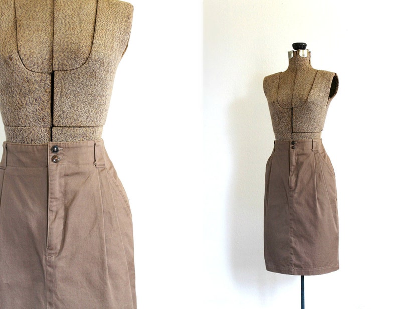 vintage pencil skirt 1980s light brown taupe cotton pencil skirt with pockets / soft fawn image 1