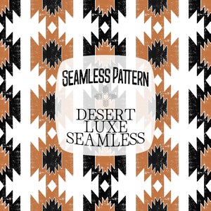 Può includere: Un motivo senza cuciture con un design geometrico ripetitivo in nero, bianco e arancione terracotta. Il centro mostra un rettangolo bianco dagli angoli arrotondati con il testo nero SEAMLESS PATTERN, un simbolo solare e DESERT LUXE SEAMLESS.