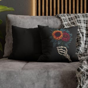 Pillowcase, Floral Skull Dark Color, Gothic Home Decor, Halloween Pillow Cover, Spooky Bedroom Accessories, Unique Square Cushion Case