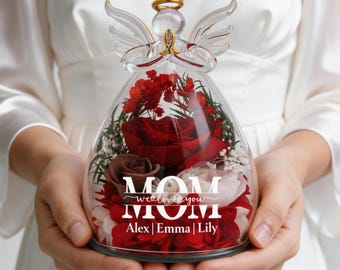 Statuette di angelo in vetro con fiore conservato personalizzato con nome, ornamento a forma di angelo con rosa eterna, regalo personalizzato per mamma e moglie per compleanno o festa della mamma.