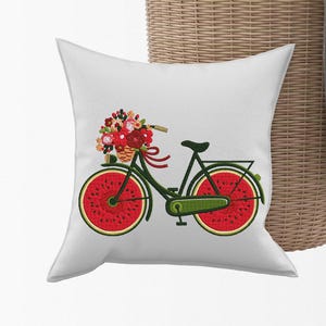 Whimsical Watermelon Bicycle with a Flower Basket Embroidery Design-Embroidery Machine File-Instant Download-Include 4 Sizes
