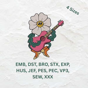 Wzór haftu „Gitara z kwiatami”: Naszywka w stylu retro hipisów (natychmiastowe pobranie, 4 rozmiary)