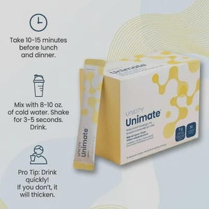 K&ouml;nnte beinhalten: Eine Schachtel und ein einzelner Beutel Unimate Mate-Instantgetr&auml;nkepulver mit Zitronengeschmack. Die Verpackung ist wei&szlig; mit gelben abstrakten Formen. Der Text enth&auml;lt Anweisungen, das Pulver mit 236-295 ml kaltem Wasser zu mischen.