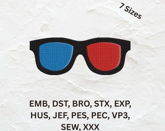 Retro Movie Glasses Embroidery Design: 3D Red & Blue Lens (7 Sizes, Digital Download