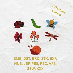 Cute Insects Embroidery Designs-Bee,Butterfly,Ladybug,Snail,Dragonfly,Caterpillar,Floral Machine File Set-Instant Download-Include 5 Sizes