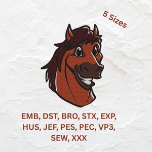 May include: A cartoon-style image of a smiling horse's head, rendered in shades of brown and tan. The text "5 Sizes" is above the horse. Below the horse are the abbreviations: EMB, DST, BRO, STX, EXP, HUS, JEF, PES, PEC, VP3, SEW, XXX.