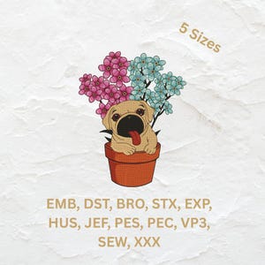 Mopshond in bloempot borduurontwerp: machinepatroon hond en bloemen (5 maten) (digitale download)