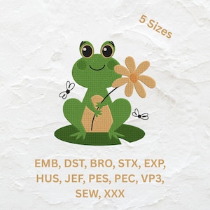 May include: A cartoon illustration of a green frog holding a tan flower, sitting on a lily pad. Two small insects are flying nearby. The text "5 Sizes" is above the frog. Below the frog are embroidery file formats.