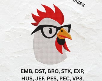 Cool Chicken with Glasses Embroidery Design-Add a fun and quirky twist to fabric-Embroidery Machine File-Instant Download-Include 7 Sizes