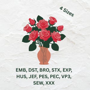Rose Bouquet Embroidery Design: Floral Vase Machine Embroidery (4 Sizes, Digital Download