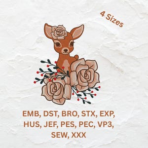 Whimsical Baby Deer Embroidery Design-Floral Woodland Fawn with Roses-Digital File-Embroidery Machine File-Instant Download-Include 4 Sizes
