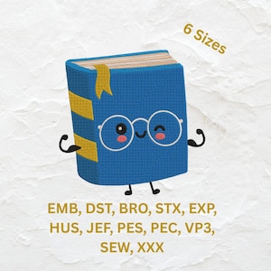 Cute Book Embroidery Design -Smart Book with Glasses Machine Embroidery File-Back to School Stitch-Instant Digital Download-Include 6 Sizes