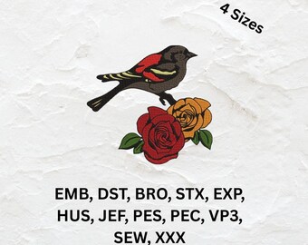 Elegant Bird & Roses Embroidery Design: Floral Machine Embroidery File (Instant Download, 4 Sizes)
