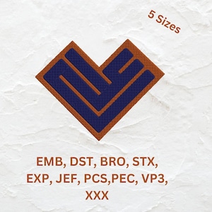 Puede incluir: Un diseño geométrico en forma de corazón, con un interior azul marino y un borde marrón. El texto "5 Sizes" está en la esquina superior derecha. Debajo del diseño están las abreviaturas: EMB, DST, BRO, STX, EXP, JEF, PCS, PEC, VP3 y XXX.