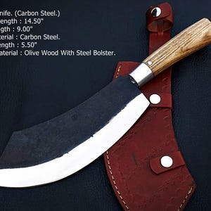 May include: A cleaver knife with a carbon steel blade and olive wood handle. The overall length is 14.50 inches, with a 9-inch blade. The handle is 5.50 inches long. Includes a brown leather sheath.