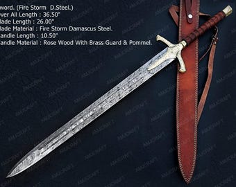 May include: A decorative sword with a Fire Storm Damascus steel blade, 26.00" long, and a total length of 36.50". The handle is rosewood with a brass guard and pommel. Includes a brown leather sheath.
