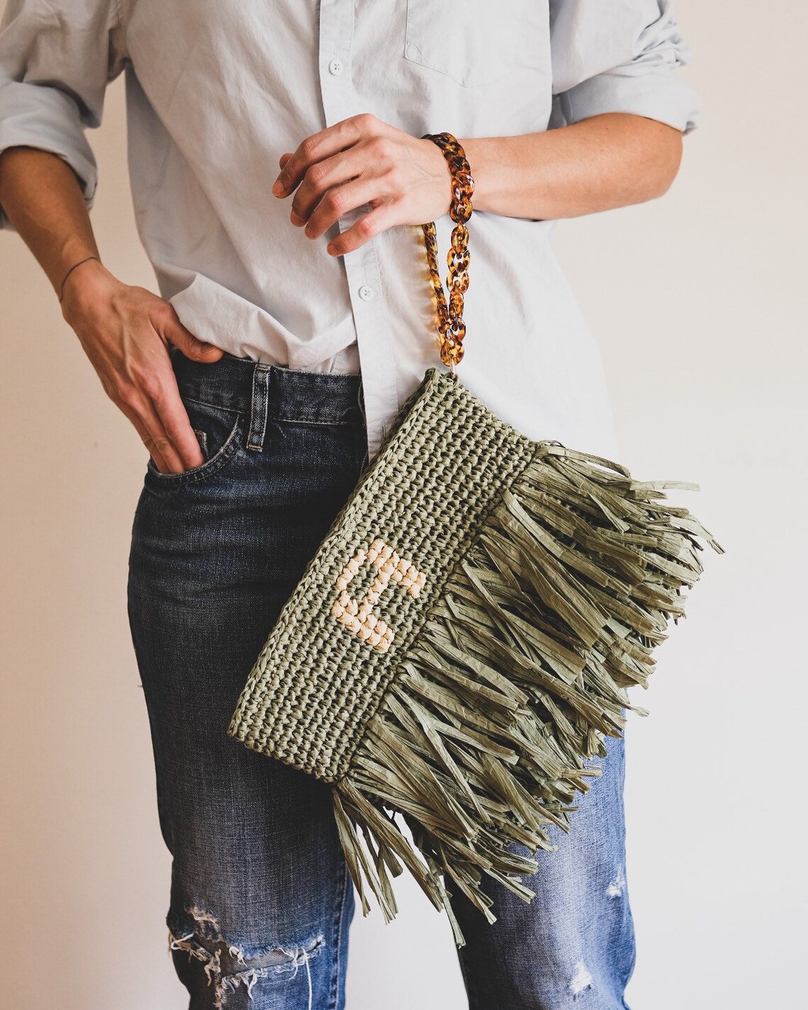 Crochet Green Fringe Clutch Purse With Customizable Letter Etsy