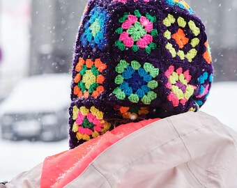 Colorful Balaclava, Crochet Balaclava, bright colorful Balaclava, Purple balaclava, Granny squarebalaclava, Neon Hoodie, Neon neck warmer