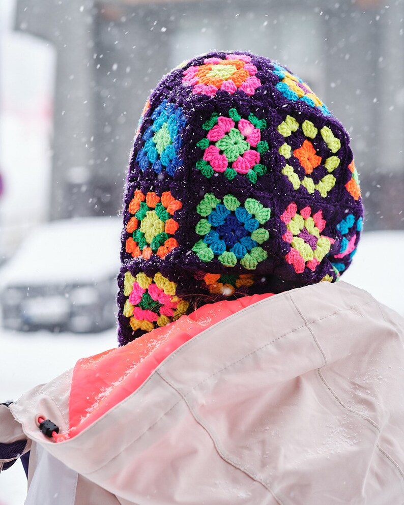 Colorful Balaclava, Crochet Balaclava, bright colorful Balaclava, Purple balaclava, Granny squarebalaclava, Neon Hoodie, Neon neck warmer image 1