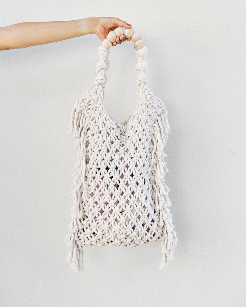 Macrame Beach Bag ,fringe beach bag, Beige beach Bag, Macrame Beach Bag, Summer Bag, Tote Bag, Macrame Fringe Bag image 1