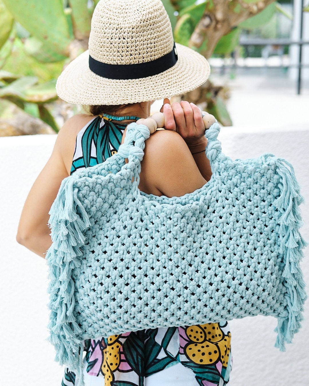 Macrame Fringe Bag Macrame Tote Light Teal Market Bag Light - Etsy