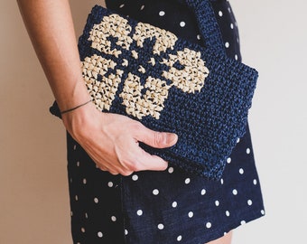 Crochet Straw Belt Bag in Navy color and Flower figure infront Navy Belt bag or Hip bag