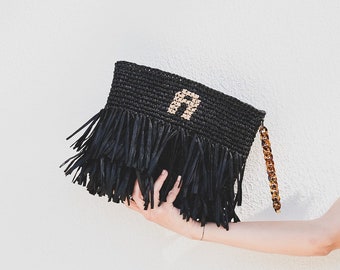 Black Straw Fringe Personalized Summer Purse or clutch with Amber strap Summer bag Beach bag Handmade Purse