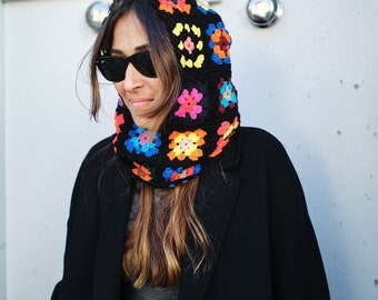 Crochet Balaclava , Colorful hoodie, Granny square hat, Winter hat, Colorful winter Hat, Crochet Hoodie, Winter Accessories