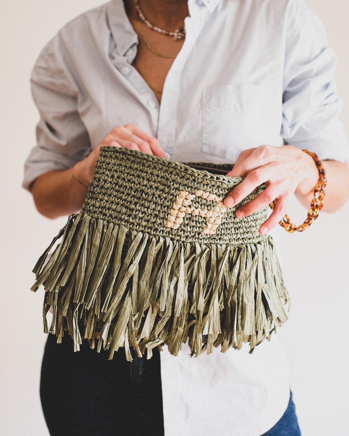 Crochet Green Fringe Clutch Purse With Customizable Letter Etsy