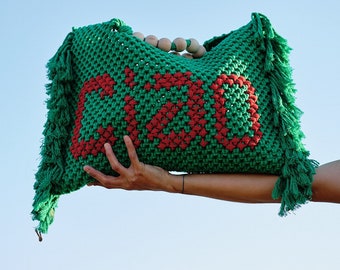 Macrame Fringe Beach Bag, Ciao Macrame Bag , Green macrame Beach Bag