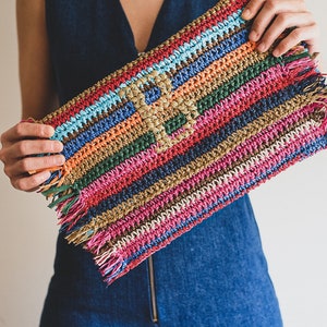 Colorful Stripe Crochet Straw Summer clutch, Colorful Purse, colorful personalized lettering, Golden lettering, Colorful stripe bag,