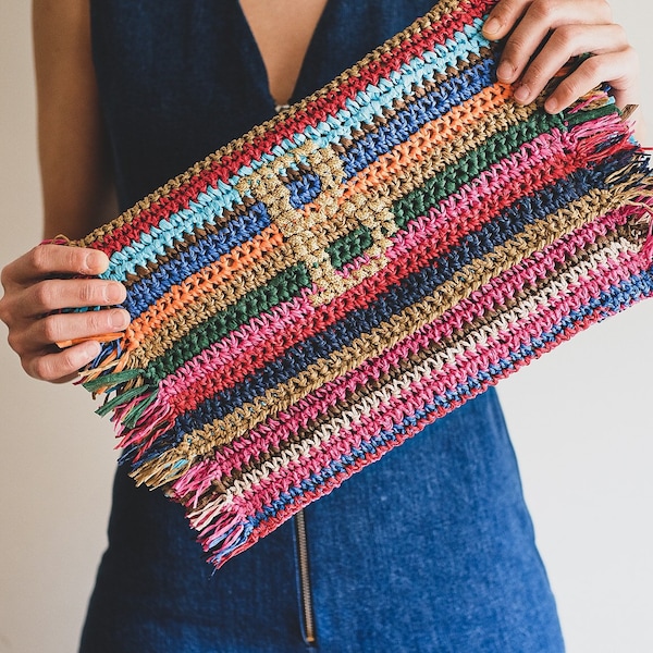 Colorful Stripe Crochet Straw Summer clutch, Colorful Purse, colorful personalized lettering, Golden lettering, Colorful stripe bag,