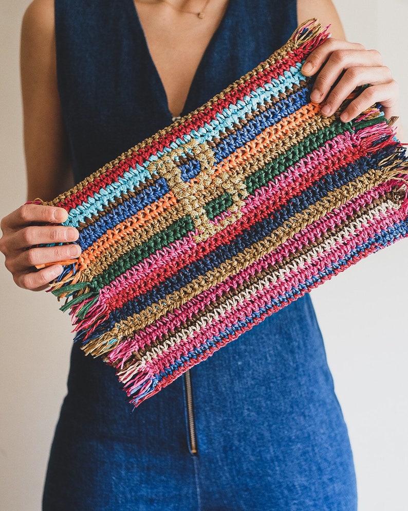 Colorful Stripe Crochet Straw Summer Clutch Colorful Purse Etsy