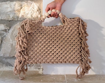 Macrame Brown bag, Macrame fringe bag, Latte color Beach Purse, Summer macrame Bag, Small Macrame Bag, Macrame Fringe Bag